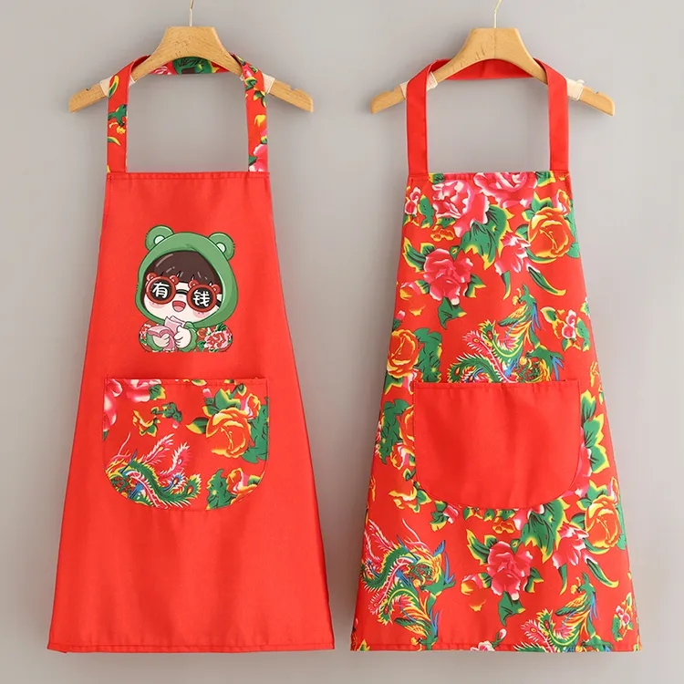 洋气民族风帆布围裙家用厨房防污耐磨做饭围腰定制印字餐饮工作服