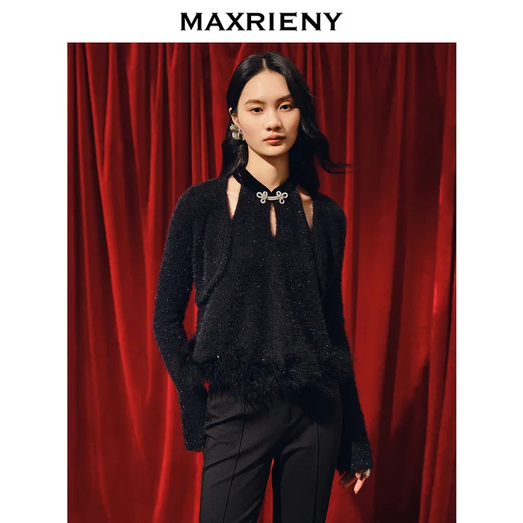 MAXRIENY新中式浪漫挂脖套头针织衫修身上衣女