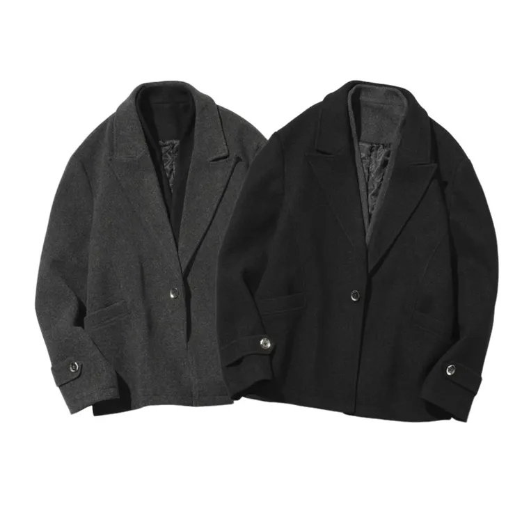 潮流痞帅冬季加棉加厚假两件毛呢外套复古夹克外套上衣