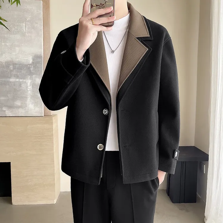 男士休闲加棉加厚百搭撞色双领假两件设计感夹克外套潮流