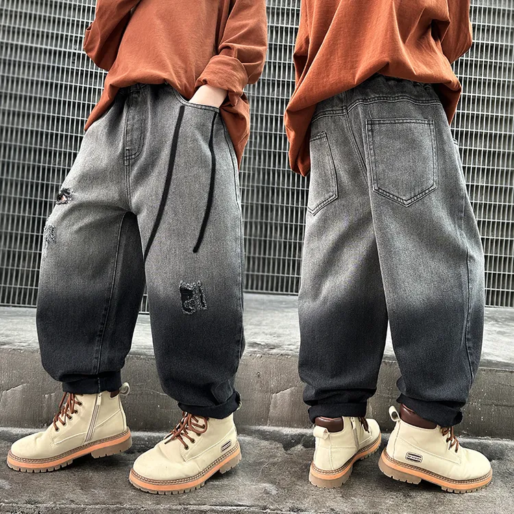 【主播推荐】秋冬男孩个性印花牛仔裤儿童后袋扣子口袋牛仔直筒长裤