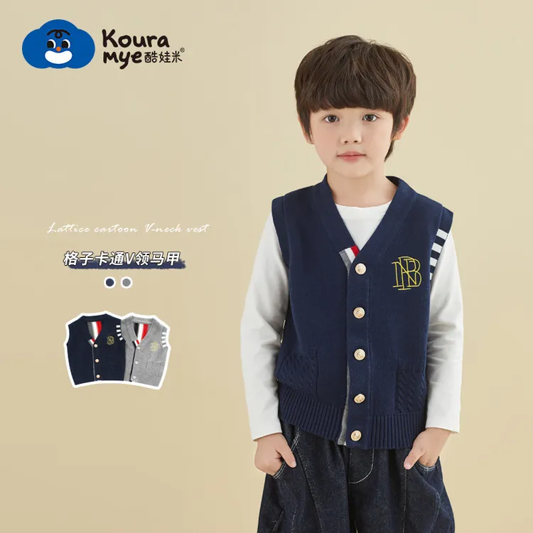儿童背心针织衫春秋新款中小童男宝女宝英伦复古开衫马甲时尚外穿