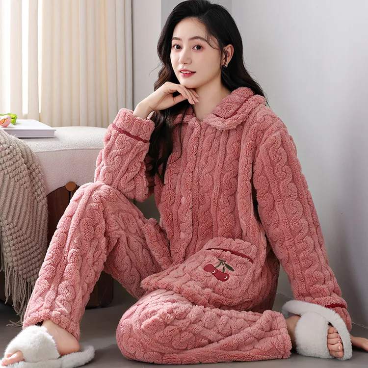 珊瑚绒睡衣女中老年青年妈妈加绒加厚保暖冬天卡通减龄珊瑚绒套装