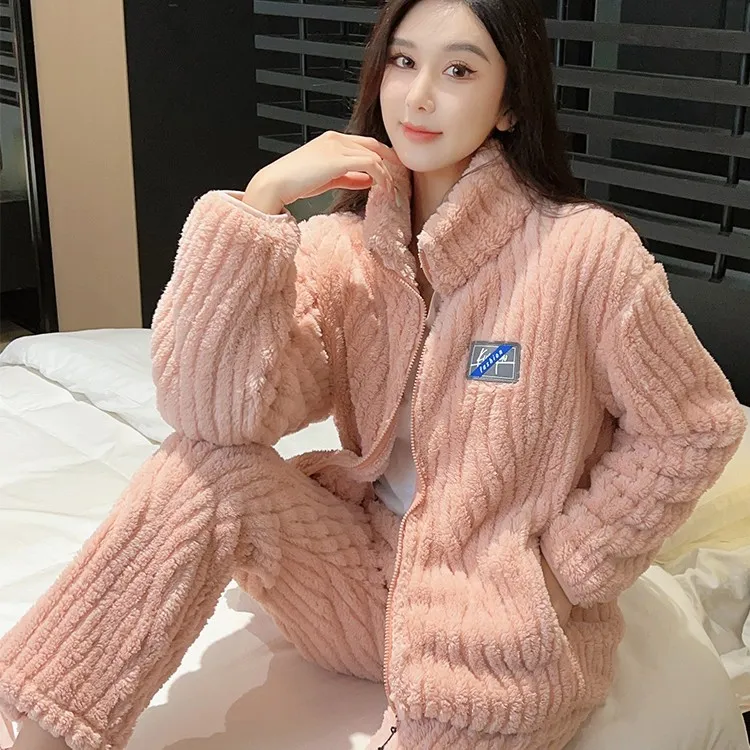 冬季珊瑚绒睡衣女秋冬款加绒加厚保暖休闲可外穿毛绒家居服套装