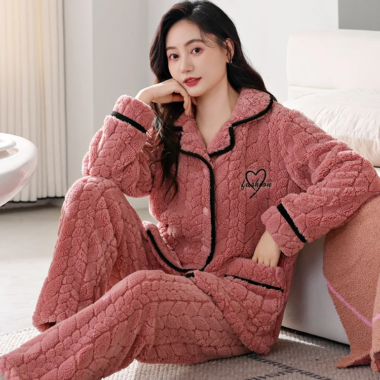 秋冬季珊瑚绒睡衣女加绒加厚大码保暖冬天法兰绒中老年家居服套装