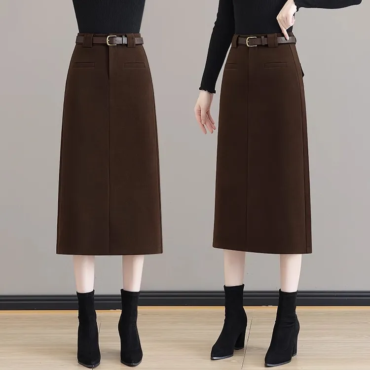 毛呢半身裙女2024秋冬季新款高腰中长款直筒开叉一步包臀裙子冬天