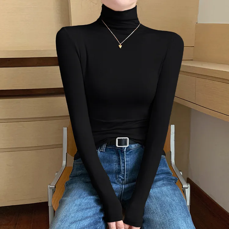 打底衫女内搭女士黑色高领修身显瘦百搭纯色长袖上衣秋冬加绒加厚