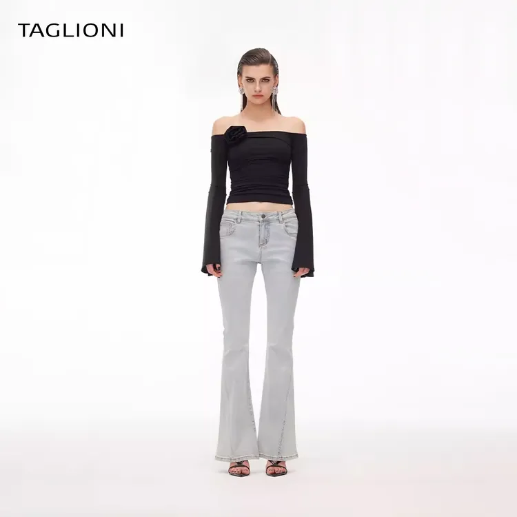 【LAMORE专属】TAGLIONI开衩微喇叭裤高腰直筒时尚弹力修身显瘦(TAF23424)