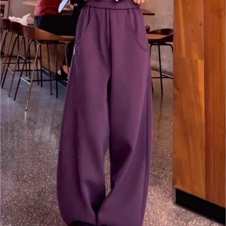 痞雅镰刀裤深紫色加绒直筒阔腿运动休闲香蕉卫裤女2025年春秋新款