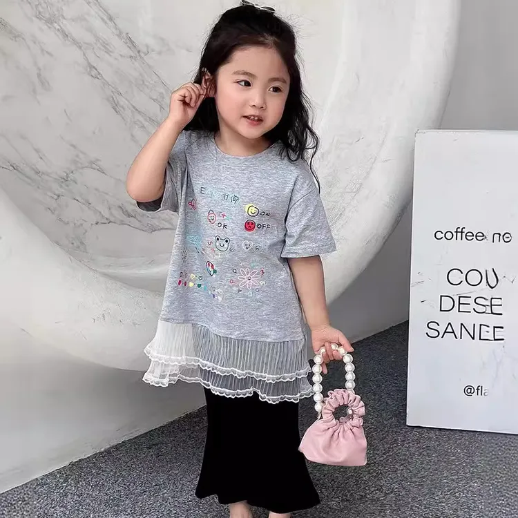 【小童世家】夏季新款短袖印花韩版女宝中长款花边T裙阔腿裤套装