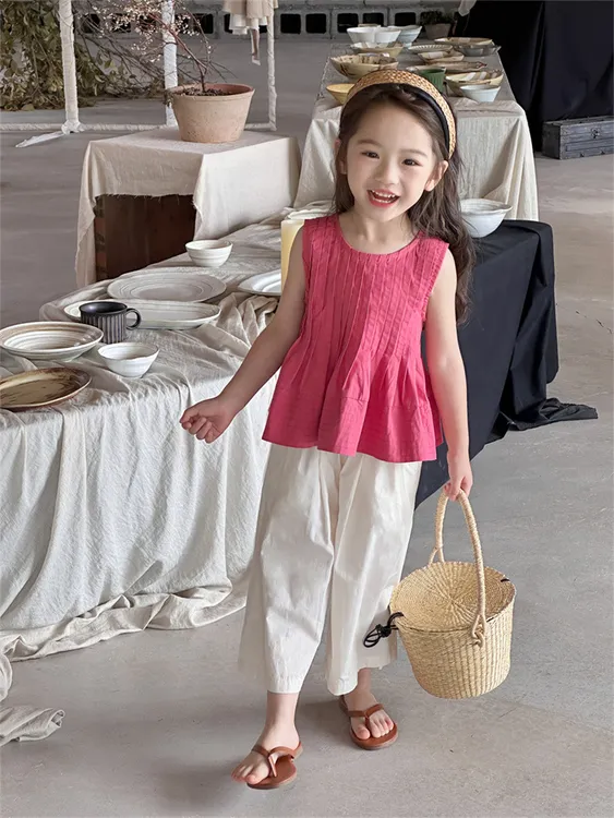【小童世家】2024夏季新款韩系气质儿童甜美背心阔腿裤洋气女童套装