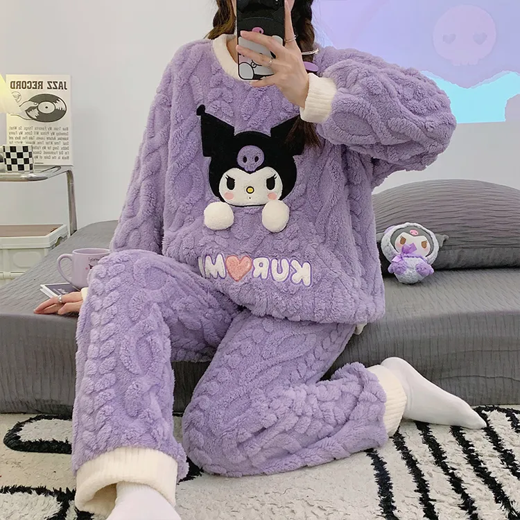 可爱卡通冬季加厚法兰绒套装ol睡衣家居服加绒长袖秋冬珊瑚绒大码