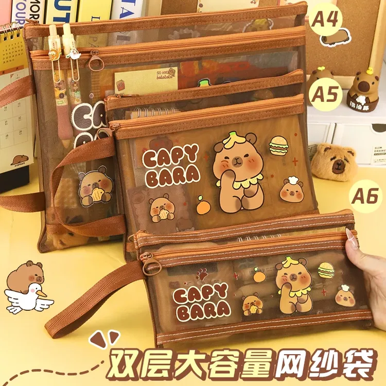 【3个装】卡皮巴拉网纱收纳袋卡通笔袋学生文具袋考试专用高颜值款