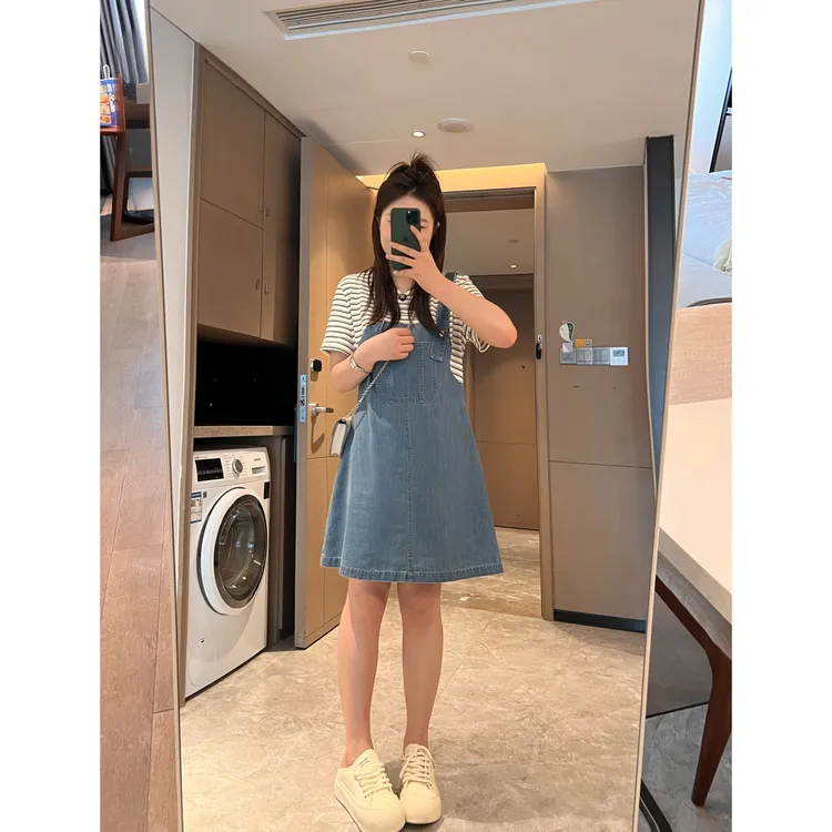 楠序魏魏大码女装夏季显瘦时尚假两件拼接牛仔裙子连衣裙YZ31503