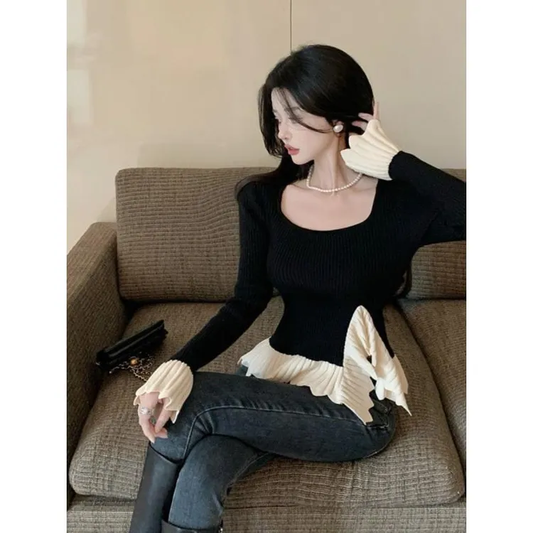 黑色复古方领长袖针织打底衫女装秋冬拼接设计感小众修身内搭上衣