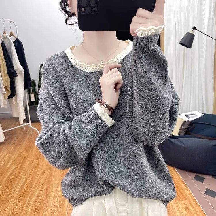 秋冬花边领拼色针织衫女减龄宽松上衣2025新款圆领打底衫毛衣长袖