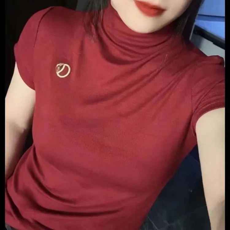 半高领螺纹棉刺绣短袖修身显瘦遮肉时尚百搭外穿打底衫上衣T恤潮