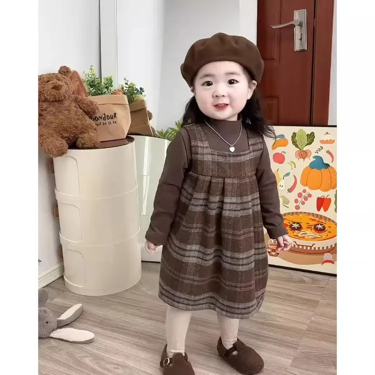 韩国童装2025秋装女童连衣裙儿童洋气长袖上衣复古格子背心裙套装