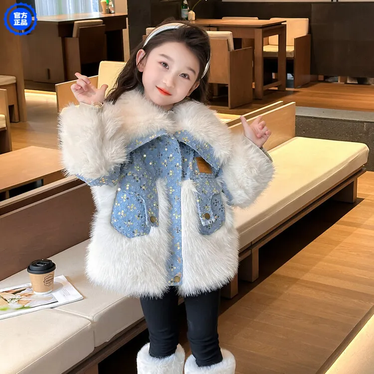 女童夹棉外套韩范儿大童装韩系套装小女孩衣服亮片牛仔夹克上衣