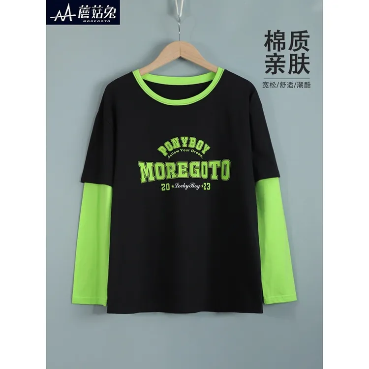 胖男童长袖T恤春秋薄款2025新款青少年男孩假两件拼接打底衫T恤潮