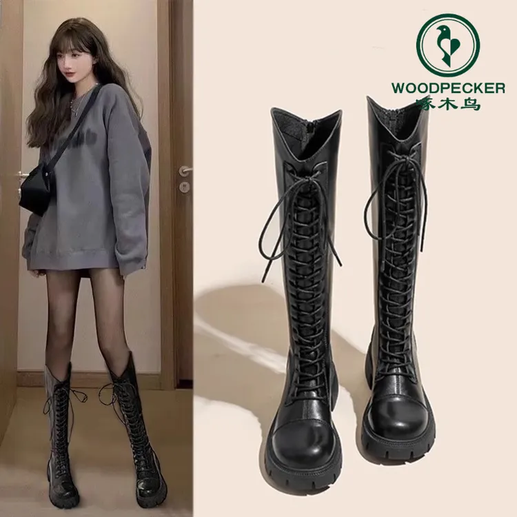 啄木鸟马丁靴女长筒靴2025新款春秋加绒中筒高筒骑士靴小个子长靴