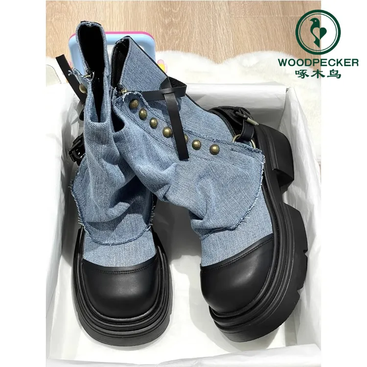 啄木鸟英伦百搭厚底马丁靴女春秋2025新款爆款西部牛仔短靴骑士靴