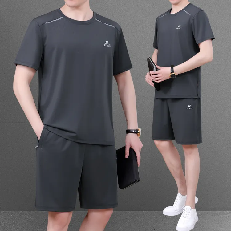 男士运动服套装中老年夏季冰丝速干短袖t恤宽松薄款父亲爸爸夏装