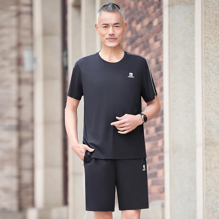 爸爸冰丝夏装套装中老年运动套装男士夏季父亲节短袖T恤休闲套装