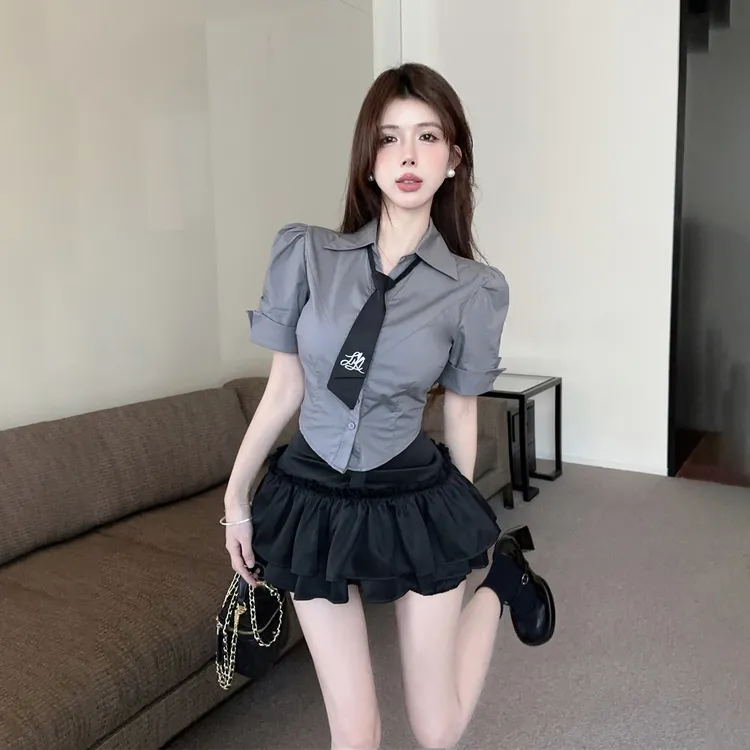 学院风jk制服套装气质收腰显瘦短袖衬衫纯欲辣妹高腰蓬蓬裙两件套