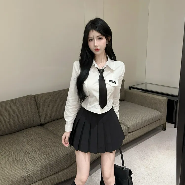 纯欲学院风高腰百褶裙两件套秋季显瘦白色长袖衬衫辣妹jk制服套装