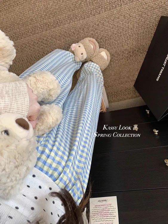 高个子长睡裤女春秋季薄款韩版甜美家居休闲格子夏天宽松阔腿裤子