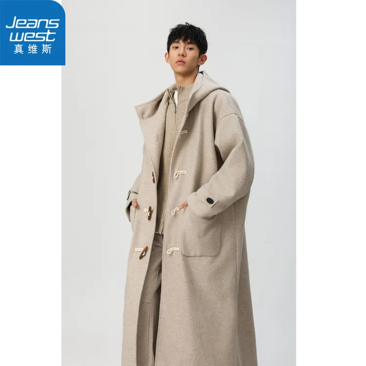 真维斯韩版长款毛呢外套2024新款冬季牛角扣宽松连帽大衣中长款