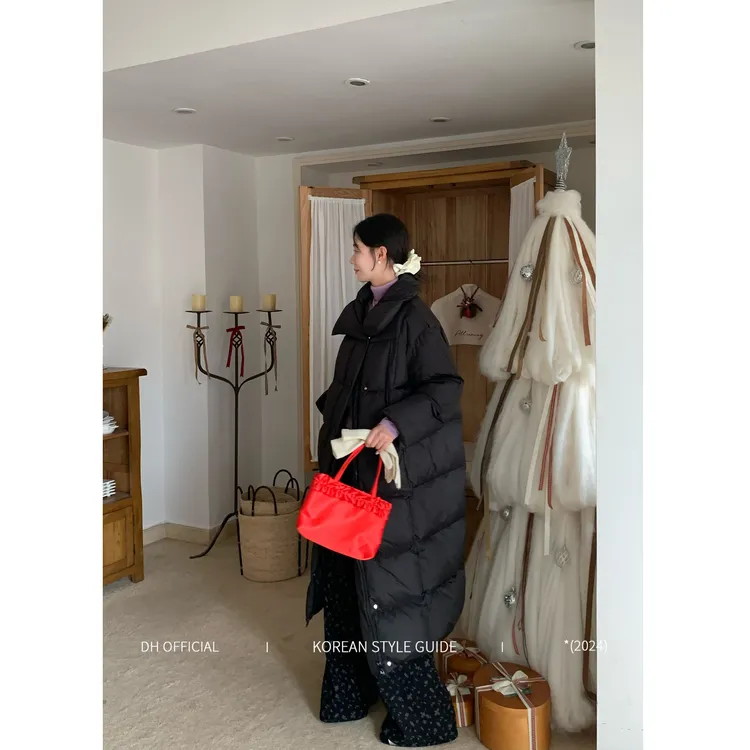 清DH OFFICIAL 大花【落雪时分 snow】白鸭绒翻领长款保暖羽绒服冬