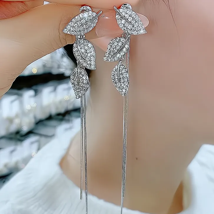 铜合金合成锆石耳饰 一款两戴叶子流苏耳环时尚新款潮长款轻奢