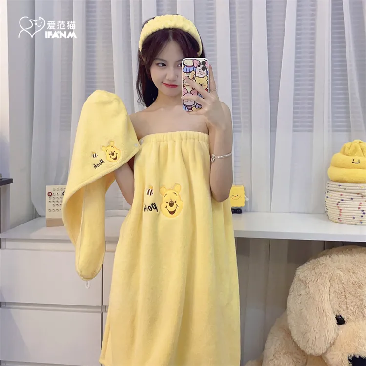 维尼熊浴巾女生可穿可裹吸水浴袍干发帽大毛巾卡通洗澡三丽鸥浴裙