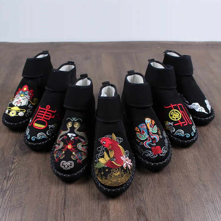 高帮棉鞋男冬季老北京布鞋男士加绒保暖刺绣中国风加厚男士雪地靴