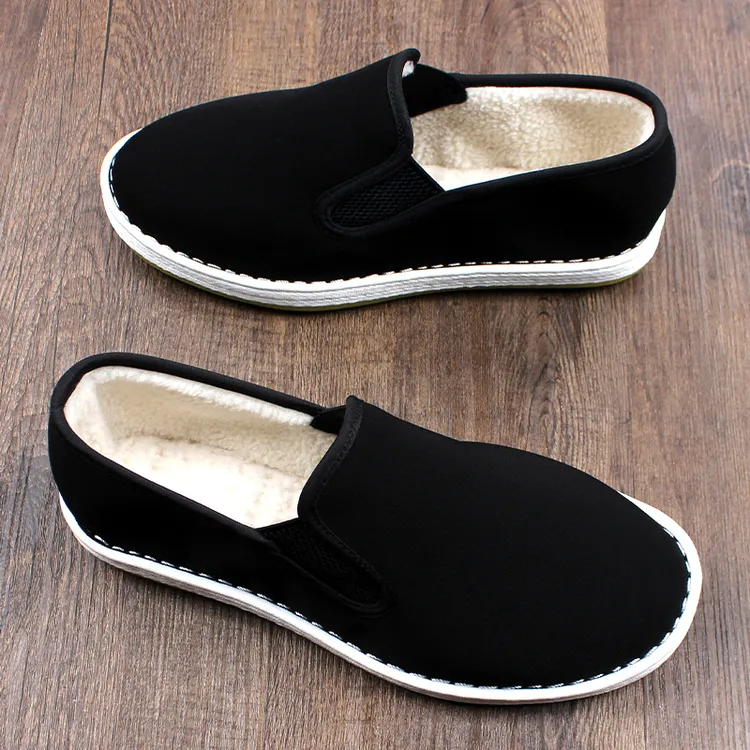 冬季加绒老北京布鞋男款加厚千层底保暖防滑耐磨牛筋底一脚蹬棉鞋