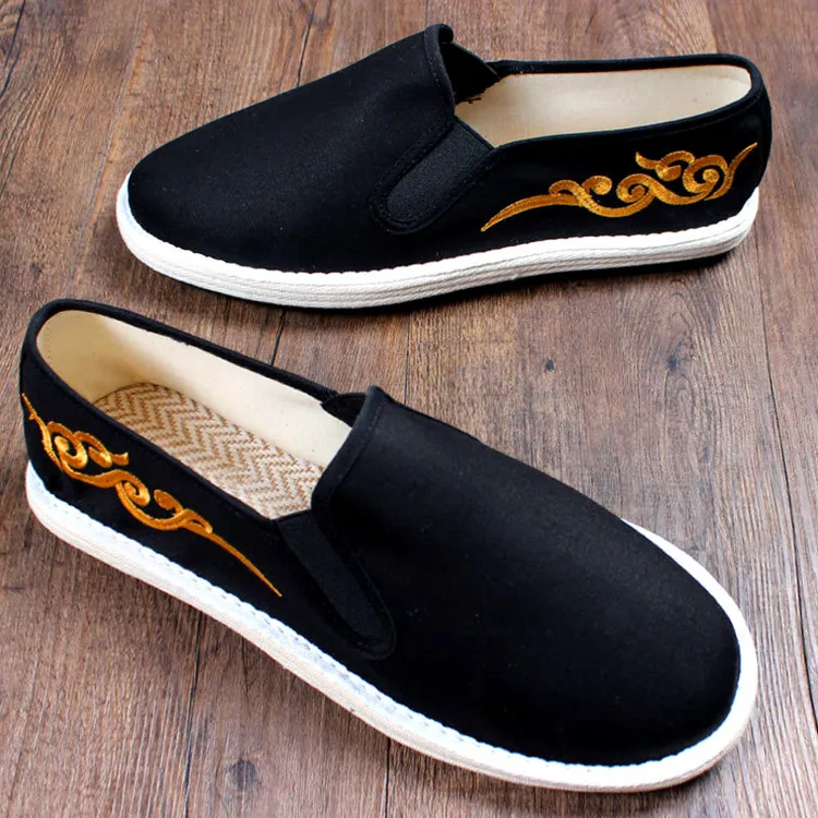 老北京布鞋男手工千层底透气防臭中国风懒人鞋刺绣黑色男士步布鞋