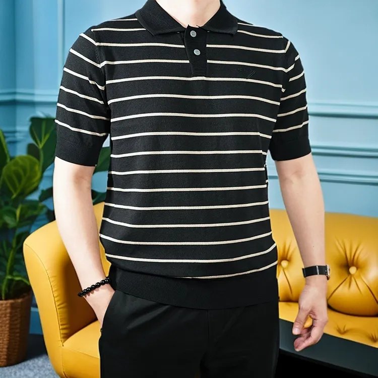 夏季男士休闲轻奢条纹翻领冰丝百搭半袖上衣高档短袖T恤POLO衫潮