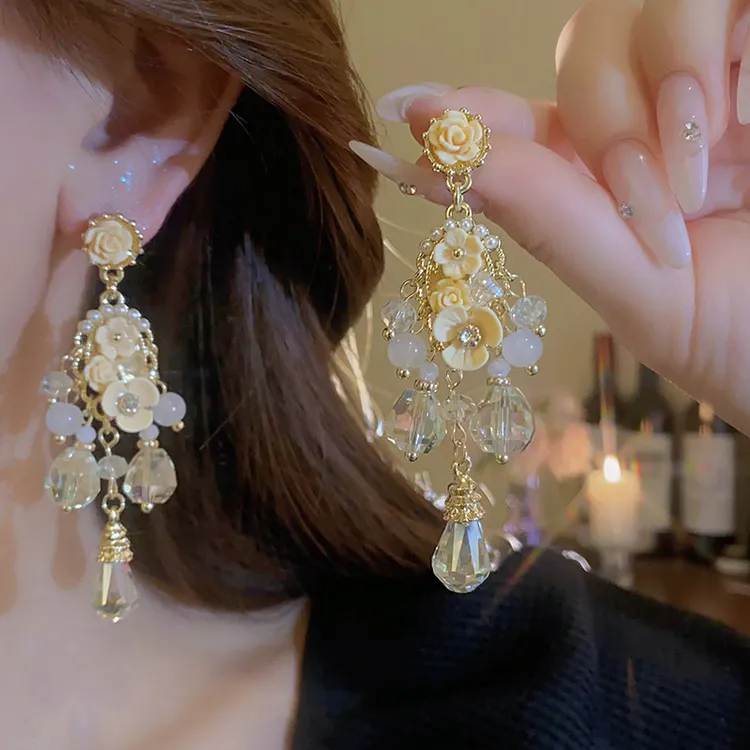 合金仿水晶耳饰 黄色宫廷花朵耳环流苏长款耳钉轻奢高级感耳饰女