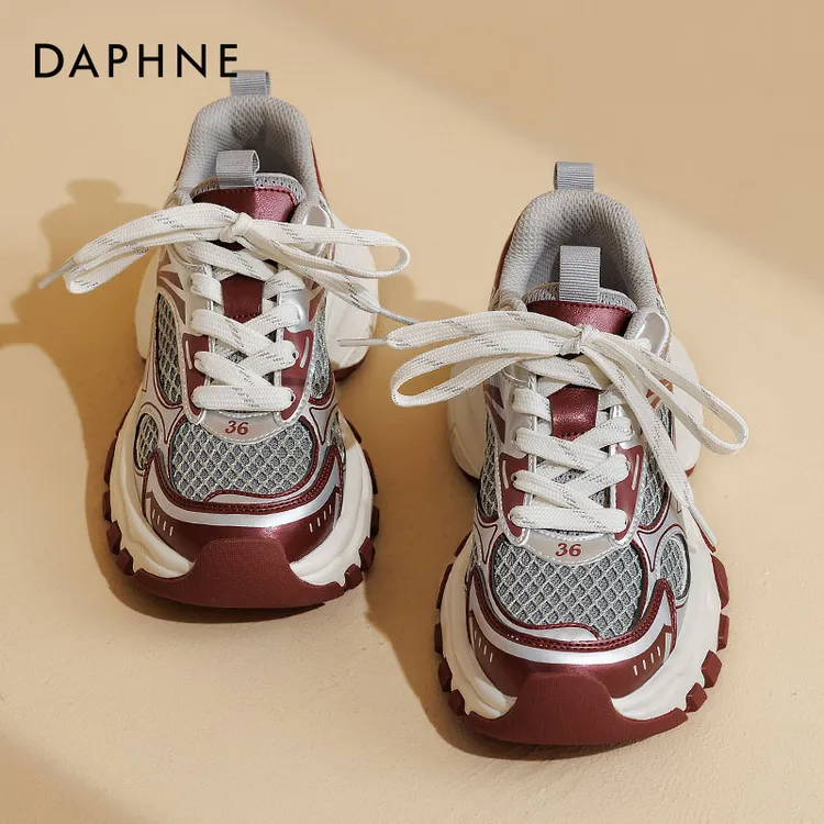 达芙妮红色老爹鞋女2025夏季百搭厚底松糕复古轻便休闲运动鞋