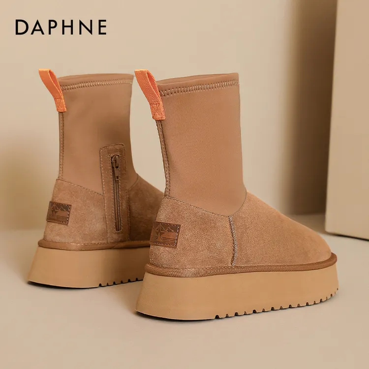 达芙妮厚底雪地靴女款2025新款冬季弹力袜靴加绒加厚保暖中筒棉鞋