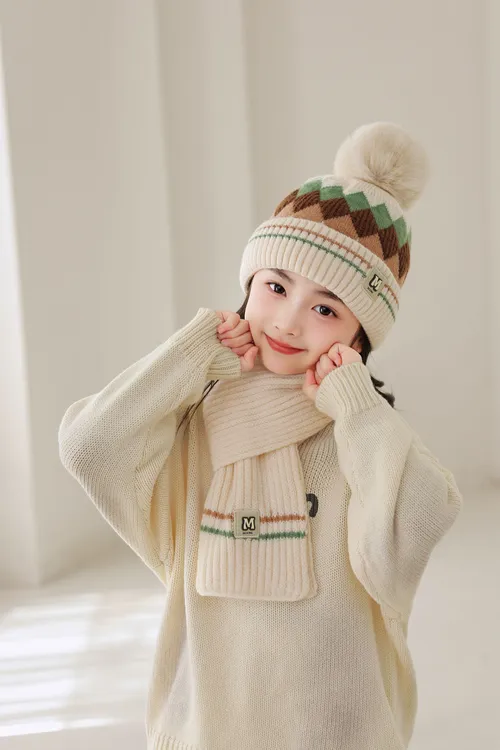 儿童帽子围巾套装秋冬女童可爱潮加厚保暖针织两件套男宝宝毛线帽