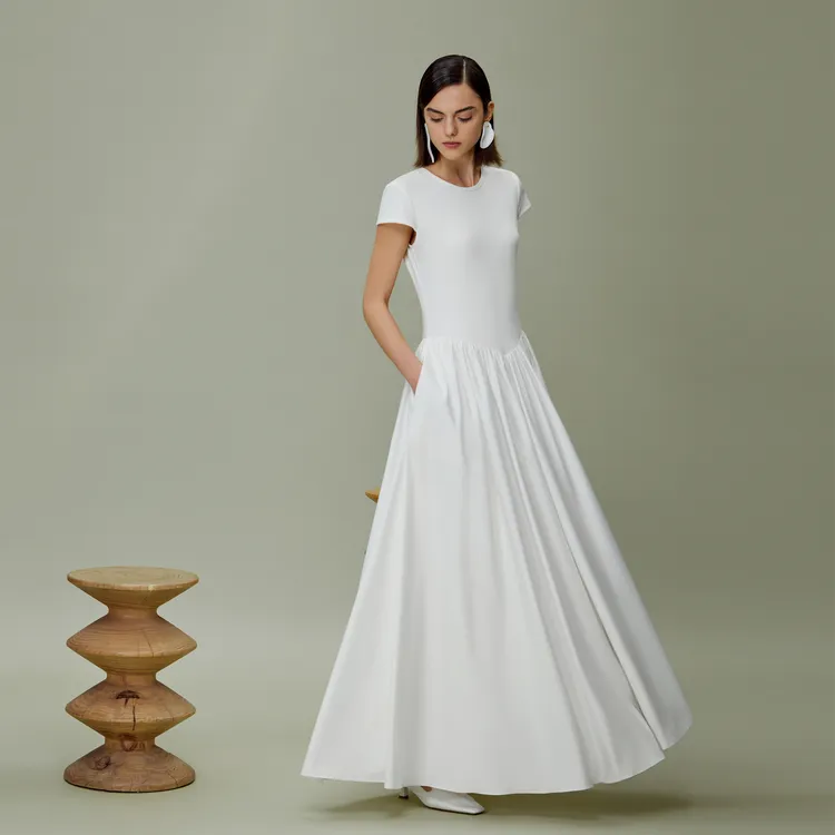 LYNEE 抗皱圆领弹力侧隐袋口针织拼接短袖连衣裙长裙 LGD2ESW218