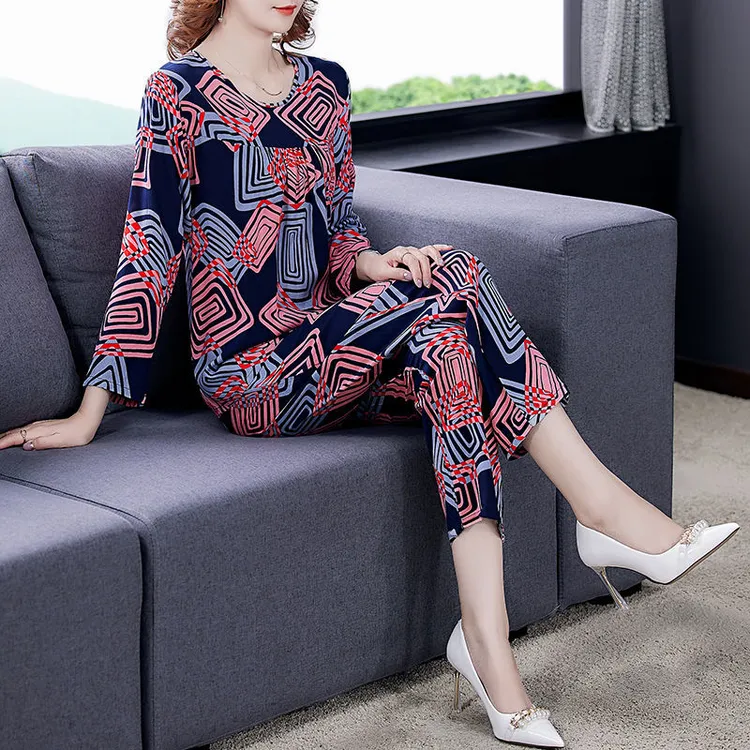 棉绸睡衣女春秋新款中老年妈妈装长袖家居服可外穿绵绸长裤两件套