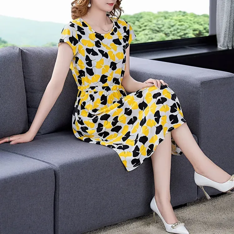 棉绸短袖连衣裙女夏新款收腰系带遮肉显瘦减龄洋气碎花中长款裙子