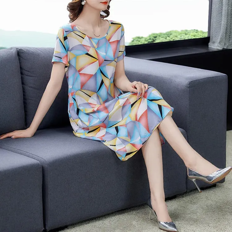 棉绸短袖连衣裙女夏季新款宽松遮肉显瘦气质外穿印花中长款裙子