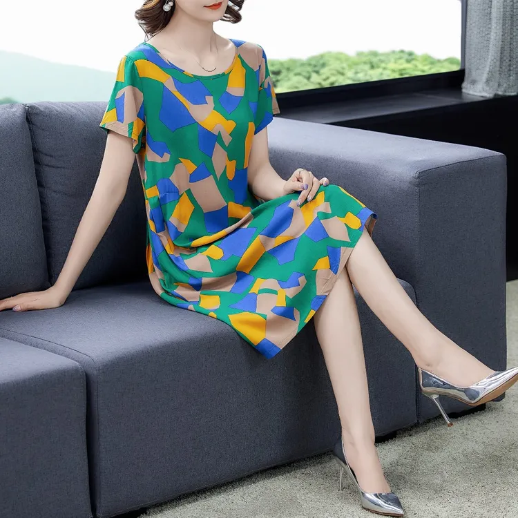 棉绸睡裙女夏季中老年睡衣人造棉口袋连衣裙子中长款家居服妈妈装