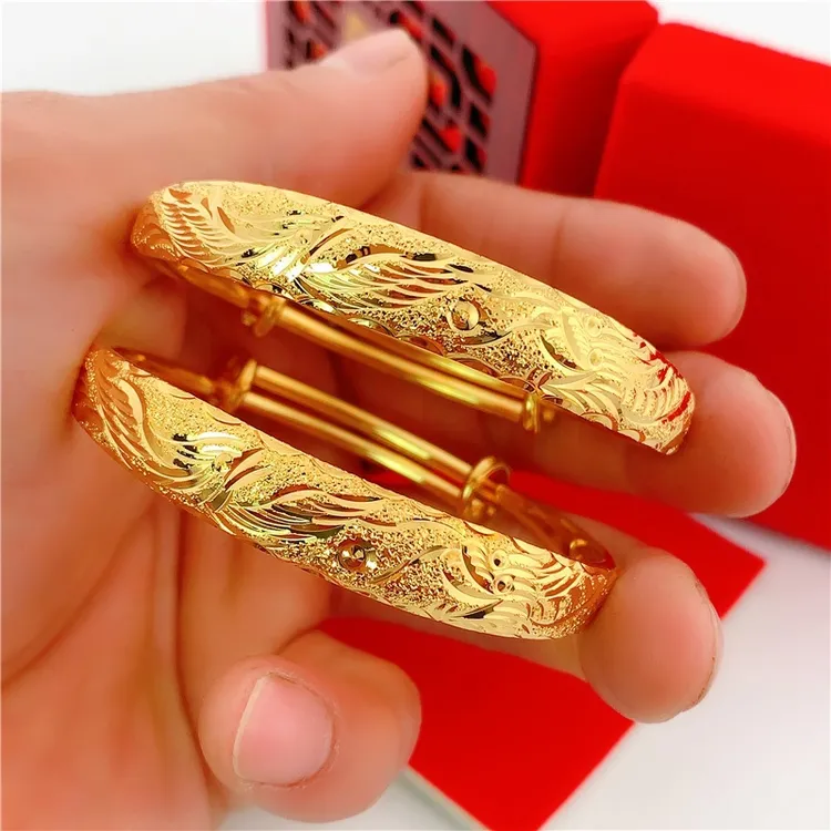 铜合金手镯  时尚精美黄金色龙凤呈祥手镯可调节古法龙凤铜手镯女