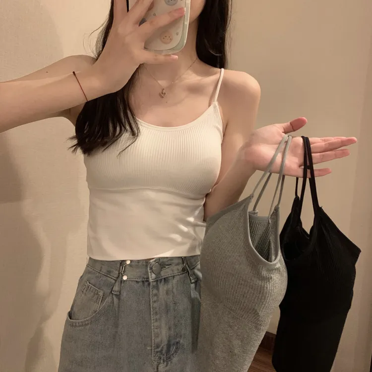 爆款白色小吊带背心女带胸垫夏外穿内搭打底辣妹抹胸上衣美背内衣